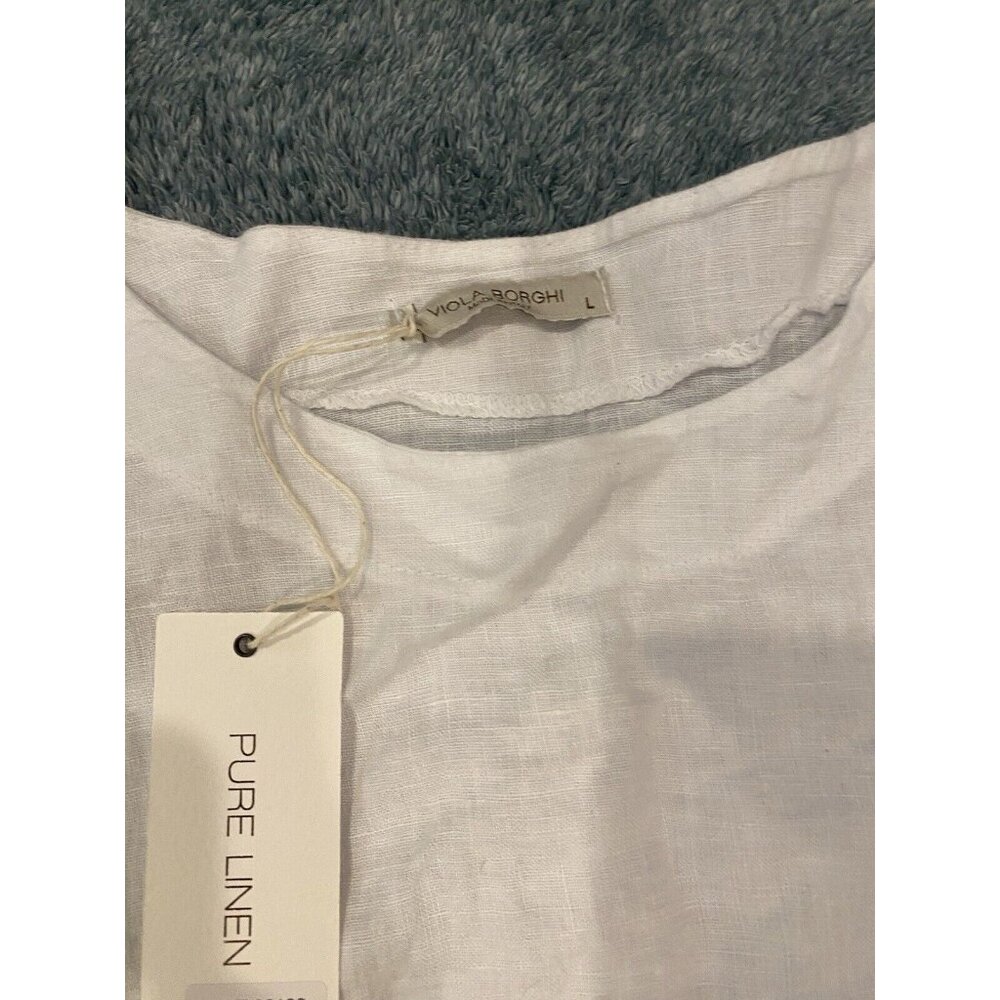 Viola Borghi L Cropped Top White 100% Linen From Italy Short Ruffle  Sleeves NEW - Picture 2 of 9